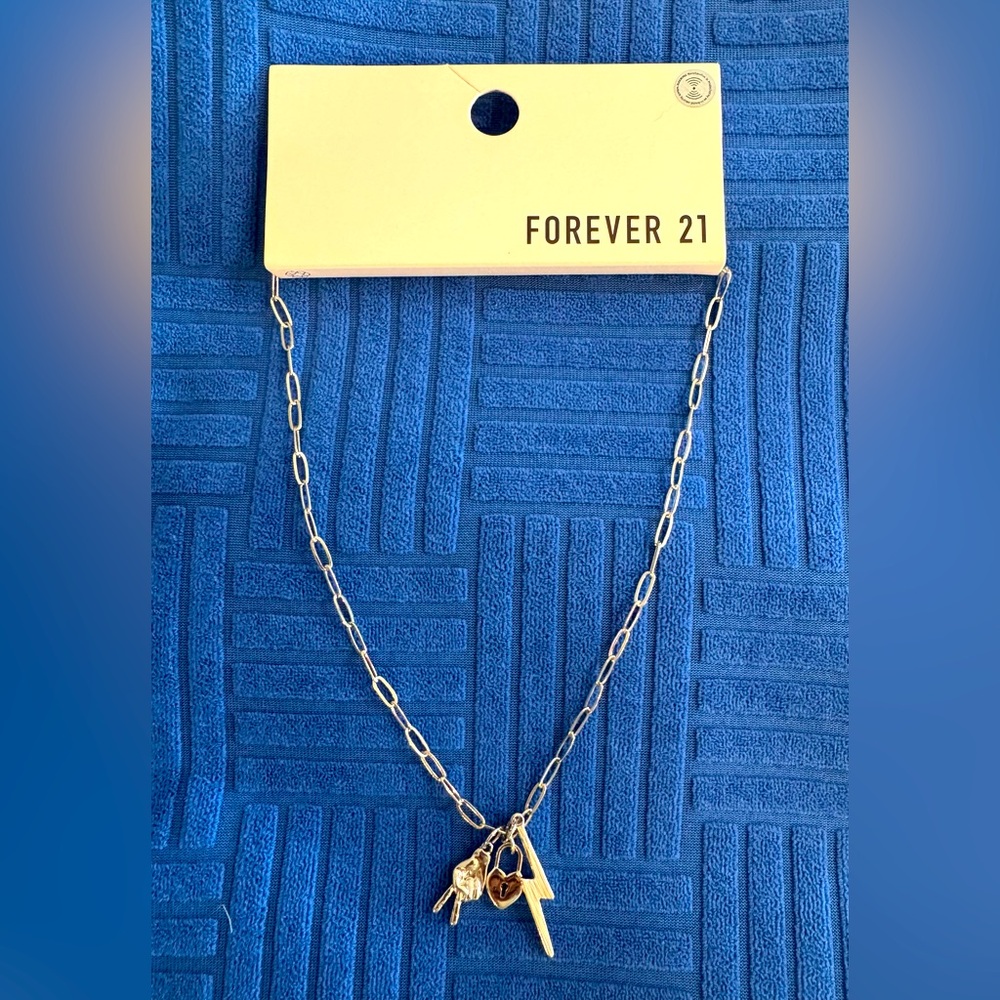 Forever 21 Silver Necklace with Jeweled Lighting Bolt Heart Lock & Peace Sign